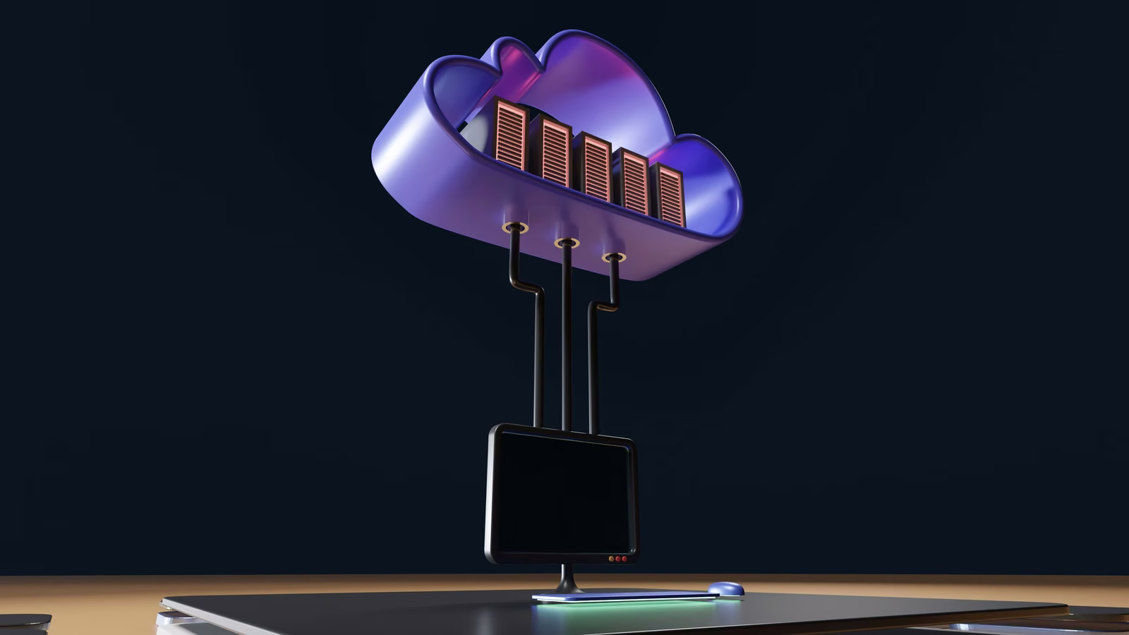 Purple 3D cloud holding a row of servers, connected by cables to a computer monitor below