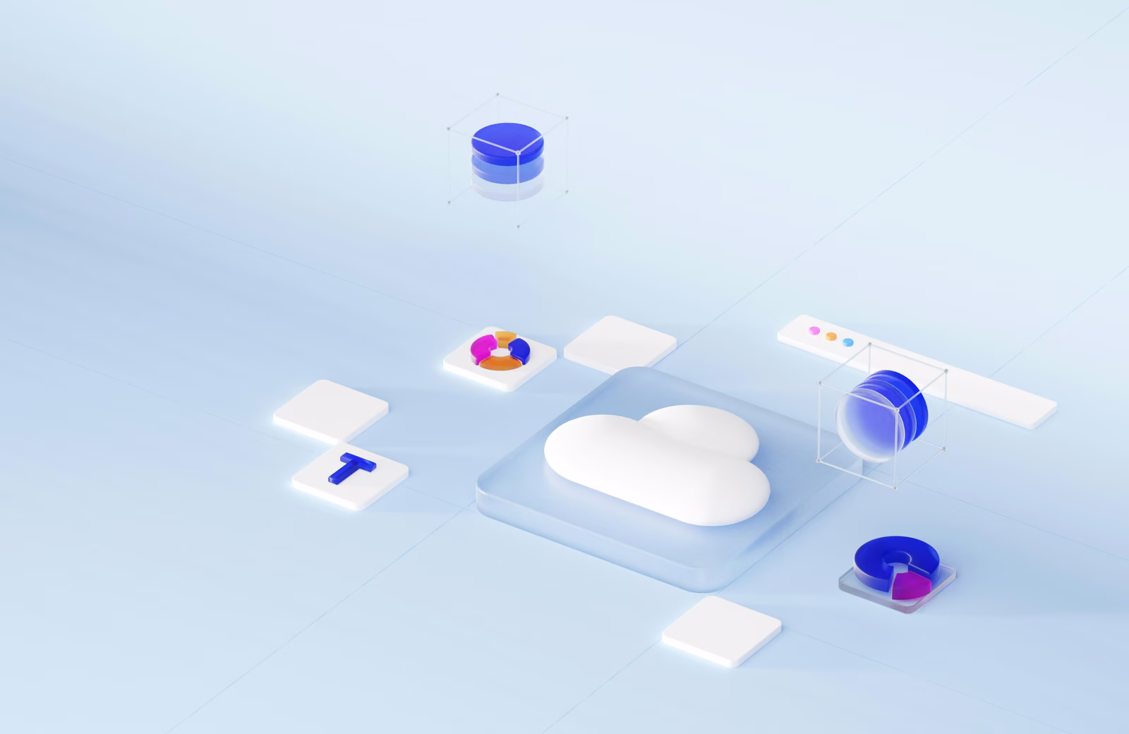 Light blue 3D illustration of a cloud surrounded by data, chart and app icons, representing cloud services